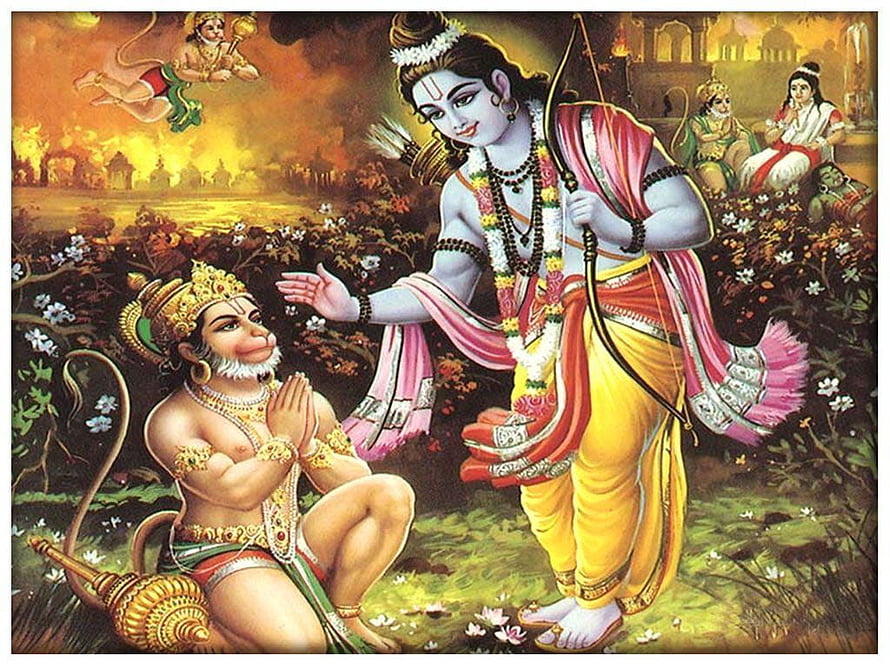 Ram and Hanuman in a Traditional Indian Mythological Painting, Ram Hanuman , #ram hanuman HD wallpaper
