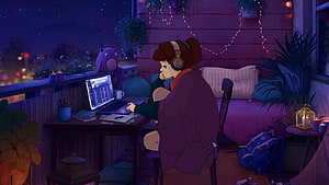 Girl Studying on Laptop at Night in Cozy Lofi Bedroom with Cat and String Lights HD wallpaper