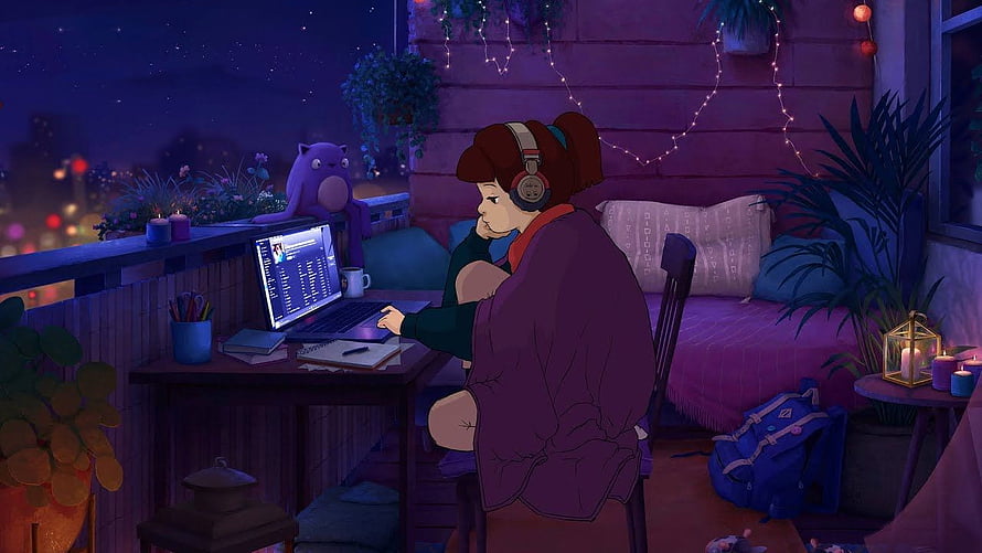 Girl Studying on Laptop at Night in Cozy Lofi Bedroom with Cat and String Lights HD wallpaper