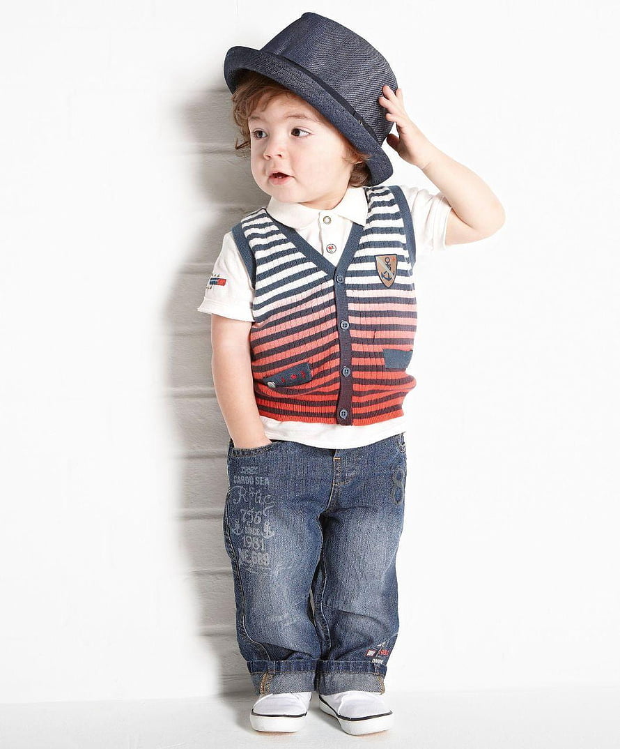 Toddler Boy in Striped Knit Vest, Denim Jeans, and Navy Fedora Hat HD phone wallpaper