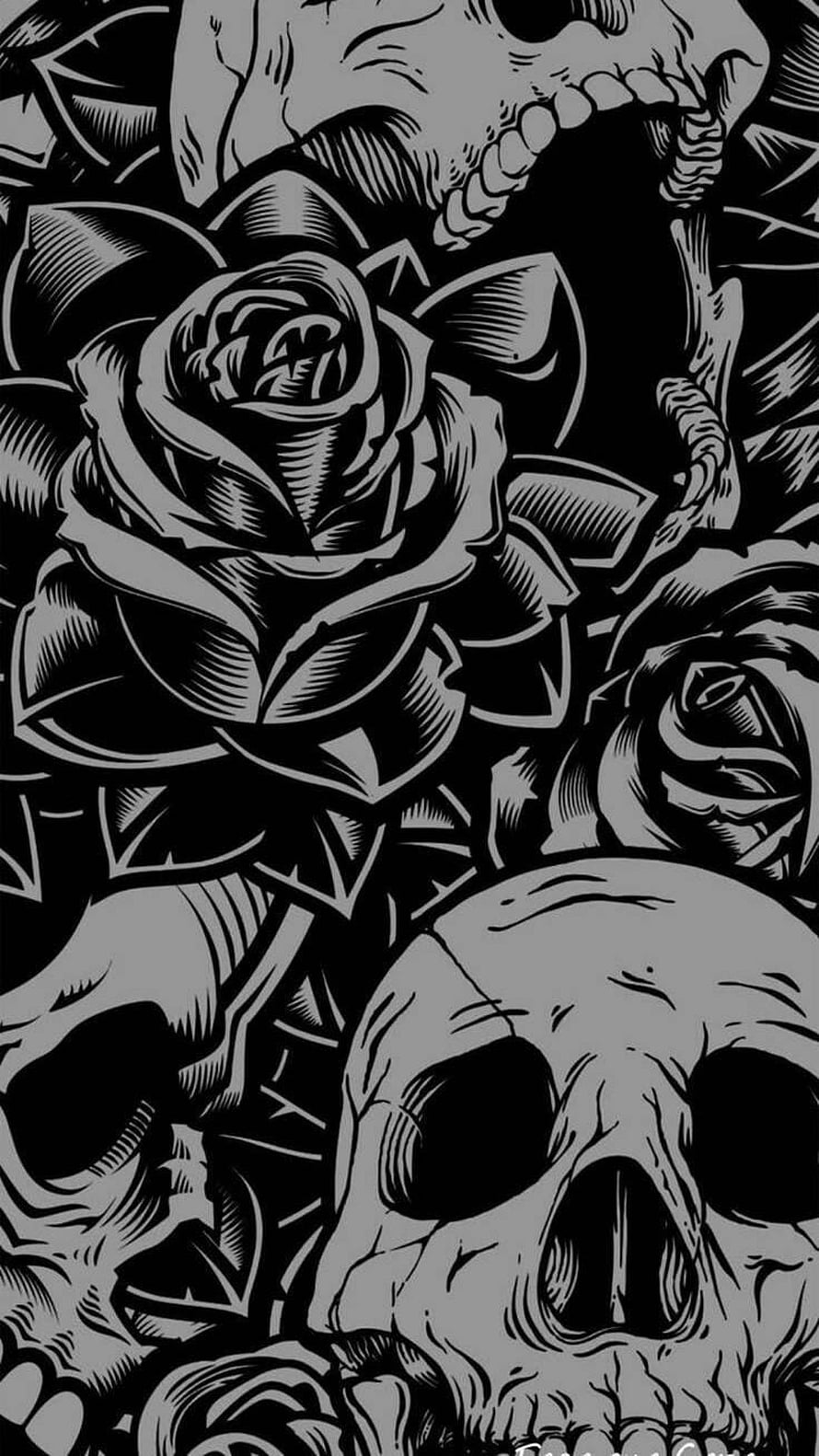 Black and White Skull and Rose Tattoo Flash Artwork HD phone wallpaper