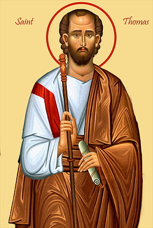 Saint Thomas the Apostle Religious Icon with Halo, Staff, and Scroll in Traditional Byzantine Style HD phone wallpaper