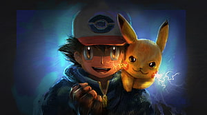 Ash and Pikachu Digital Artwork with Electric Energy and Dramatic Lighting HD wallpaper