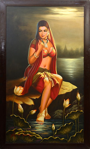 Indian Woman in Red Saree Seated on Rock by Lotus Pond at Dusk HD phone wallpaper