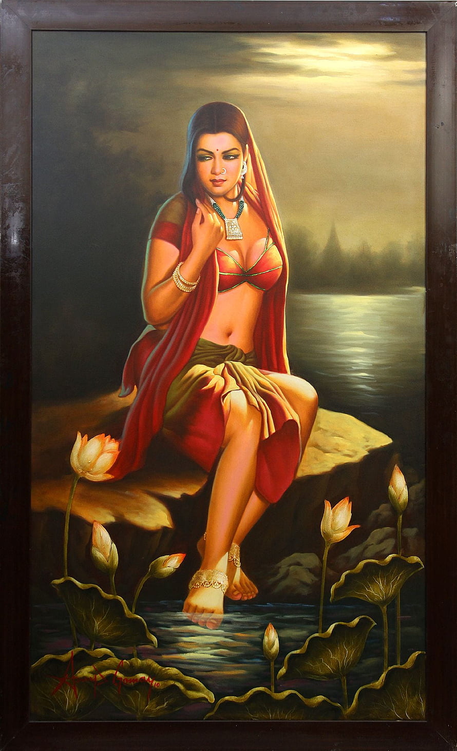 Indian Woman in Red Saree Seated on Rock by Lotus Pond at Dusk HD phone wallpaper