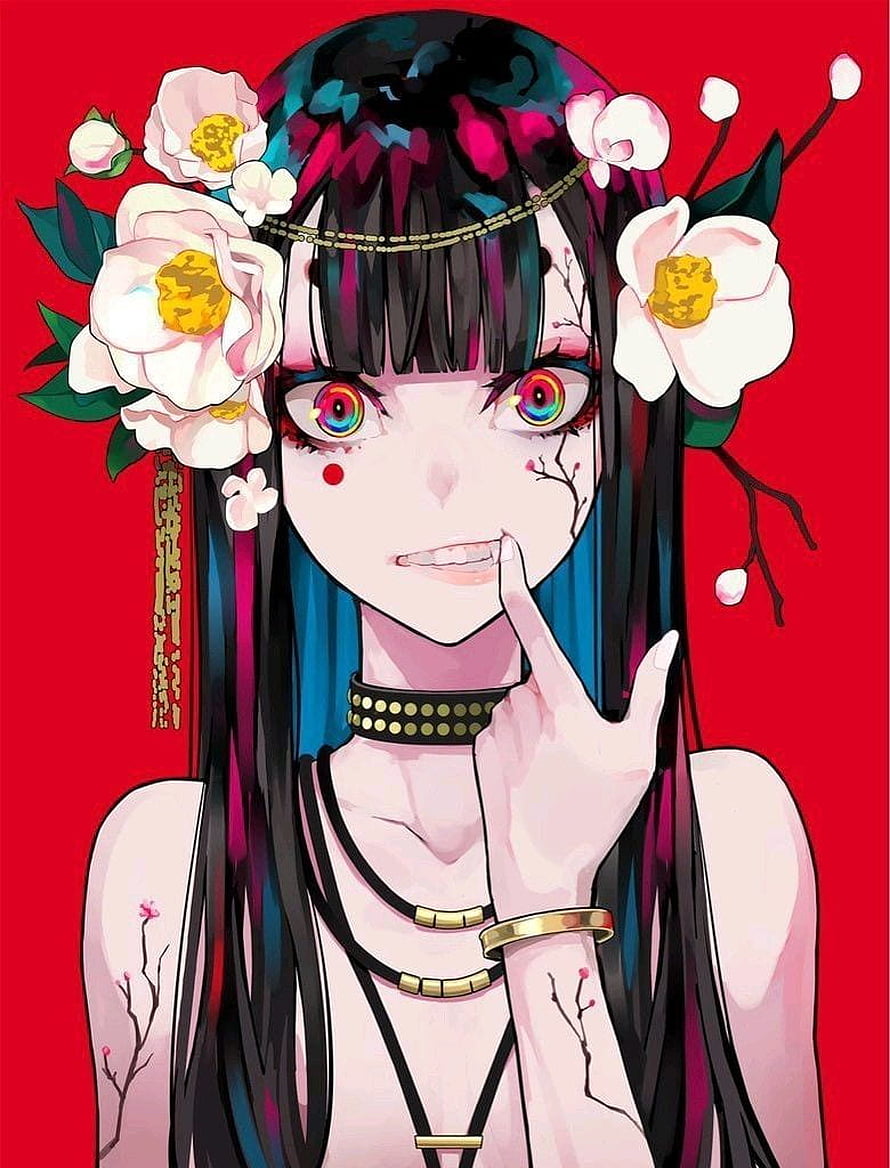 Anime Girl Portrait with White Flowers and Rainbow Eyes on Red Background HD phone wallpaper