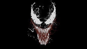 Venom Symbiote Face Art with White Eyes and Jagged Teeth on Black Background HD wallpaper