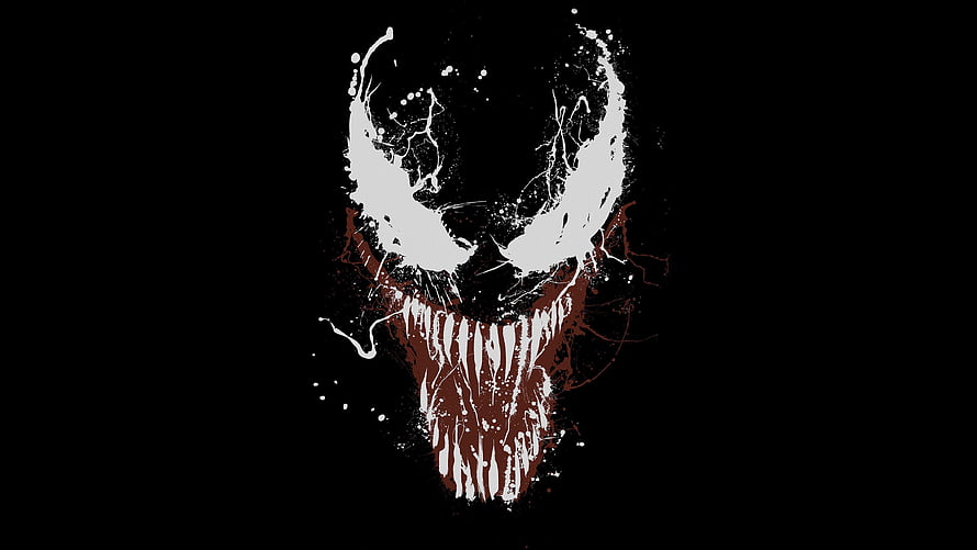 Venom Symbiote Face Art with White Eyes and Jagged Teeth on Black Background HD wallpaper