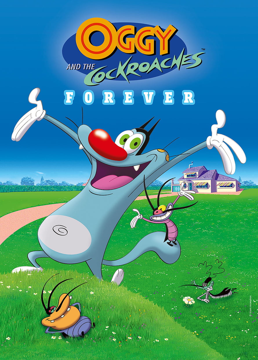 Oggy and the Cockroaches Forever Animated Movie Poster with Blue Cat and Three Pests in a Garden HD phone wallpaper