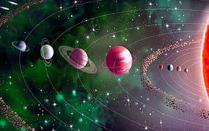 Vibrant Exoplanet System with Ringed Worlds and Asteroid Belt in Green Nebula HD wallpaper