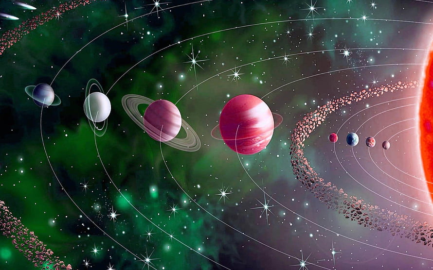 Vibrant Exoplanet System with Ringed Worlds and Asteroid Belt in Green Nebula HD wallpaper