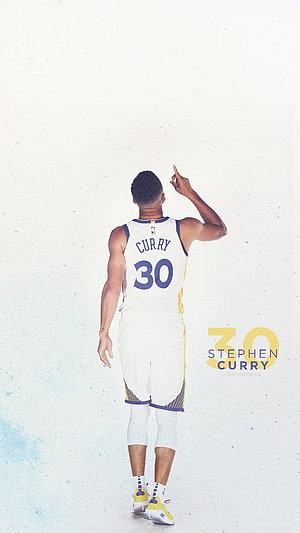 Stephen Curry in Golden State Warriors white jersey pointing upward on a clean studio background HD phone wallpaper