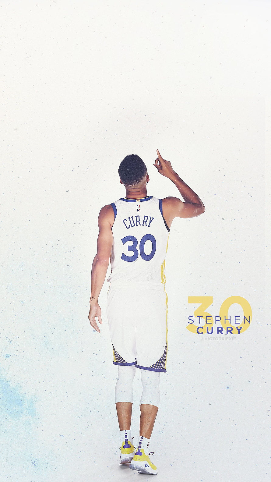 Stephen Curry in Golden State Warriors white jersey pointing upward on a clean studio background HD phone wallpaper