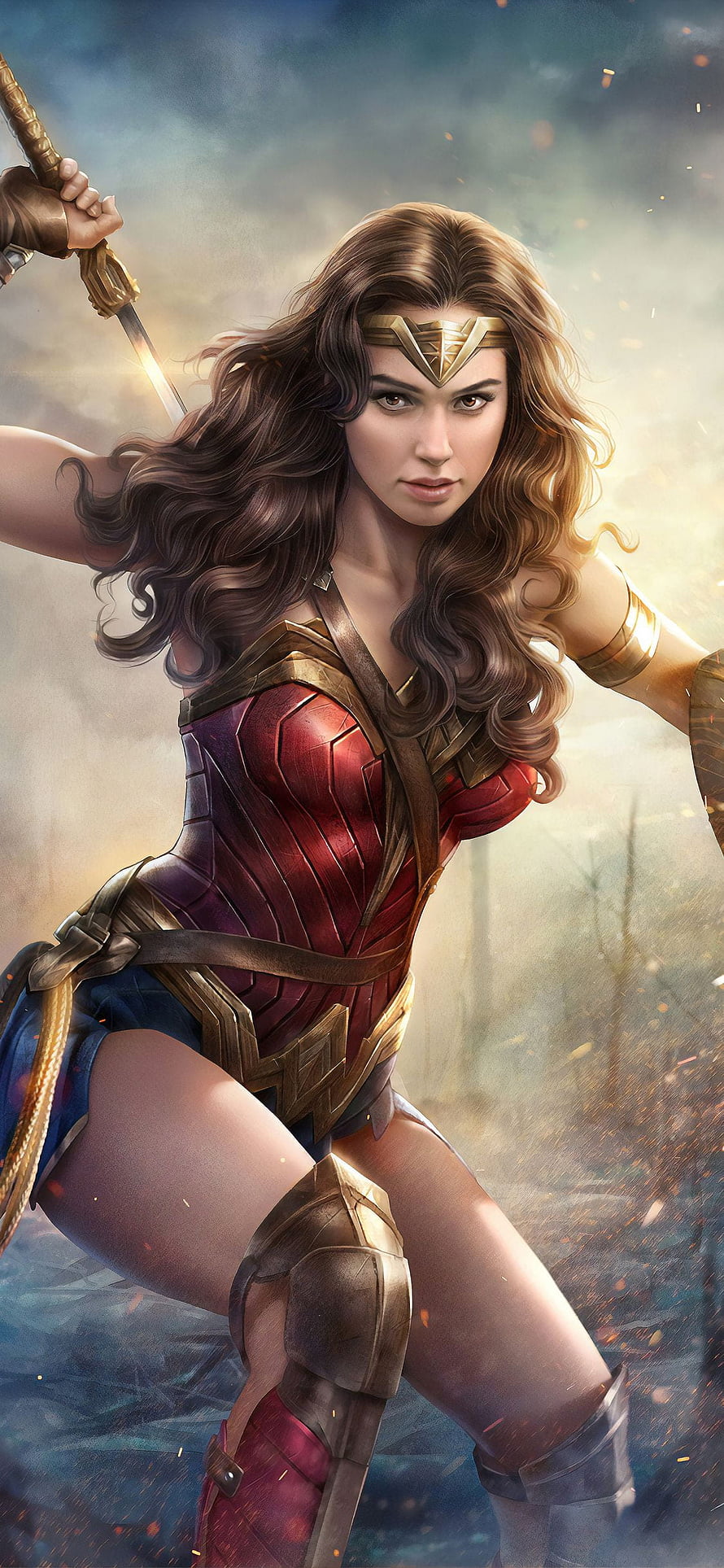 Wonder Woman in Combat Stance with Sword and Golden Armor HD phone wallpaper