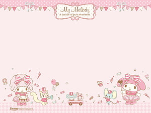 My Melody Sanrio Characters in Pink Parade with Musical Instruments and Sweets HD wallpaper