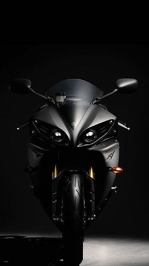 Yamaha R1 Superbike Front View in Matte Black Studio Lighting HD phone wallpaper