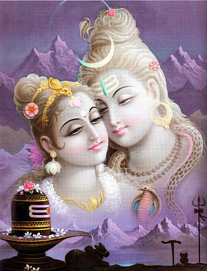 Shiva and Parvati Devotional Artwork with Lingam and Trishul Against Snowy Mountains HD phone wallpaper