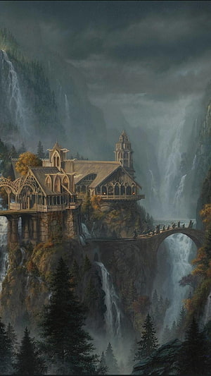 Elegant Elven Fortress Perched on Misty Cliffs with Waterfalls and Arched Bridge HD phone wallpaper