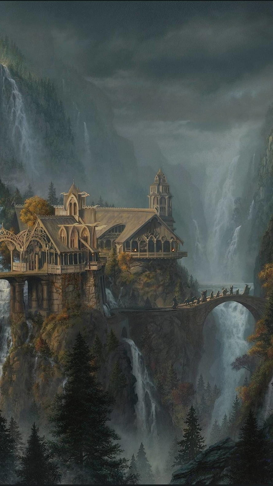 Elegant Elven Fortress Perched on Misty Cliffs with Waterfalls and Arched Bridge HD phone wallpaper