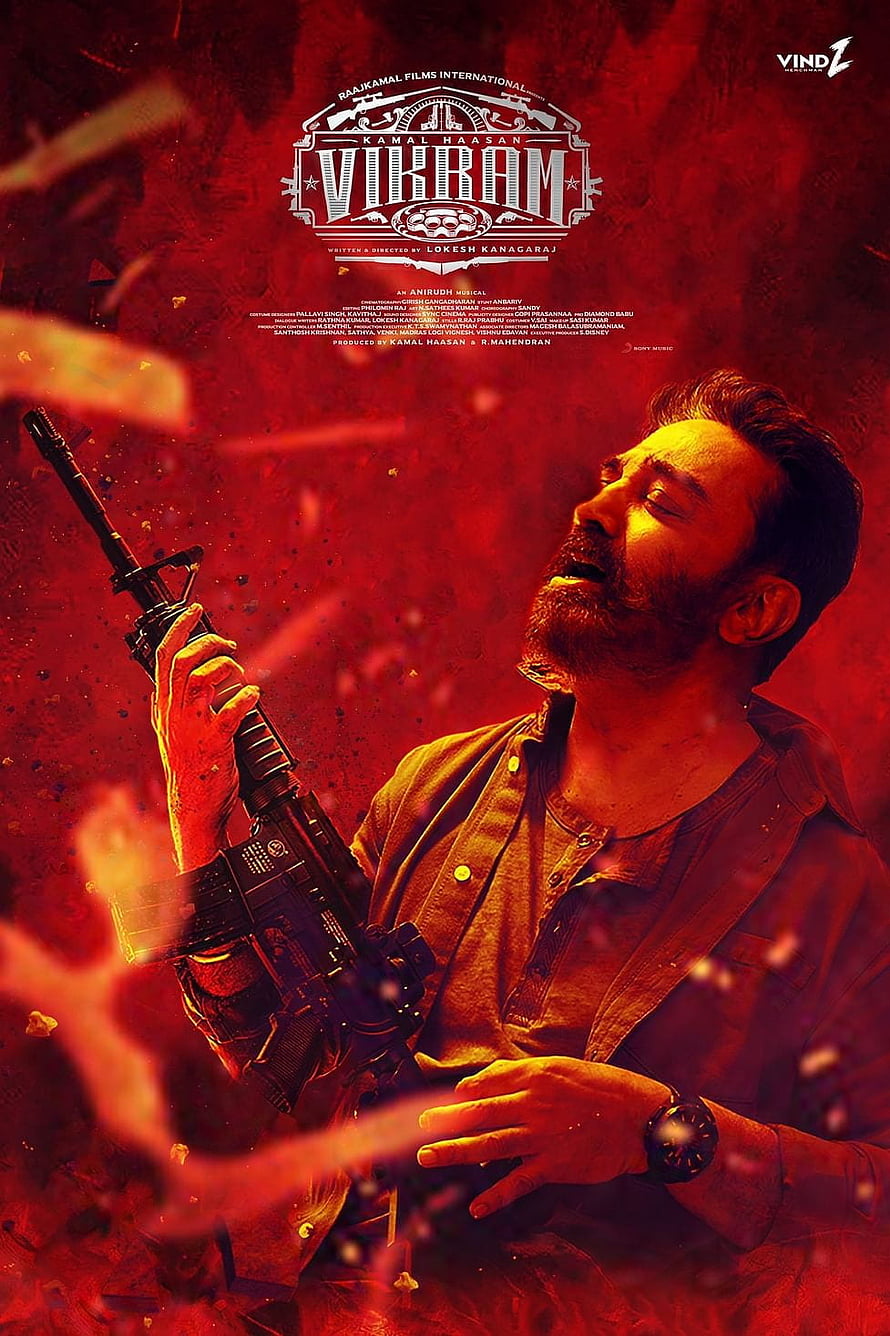 Vikram Movie Poster Featuring Kamal Haasan Holding Rifle in Dramatic Red Lighting HD phone wallpaper