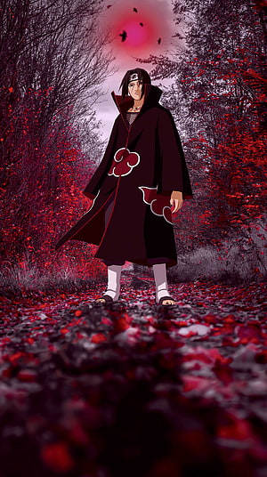 Itachi Uchiha in Akatsuki Cloak Standing on a Path of Red Fallen Leaves HD phone wallpaper