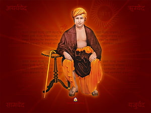 Maharishi Dayanand Saraswati Portrait with Vedic Sanskrit Text and Sacred Symbols HD wallpaper