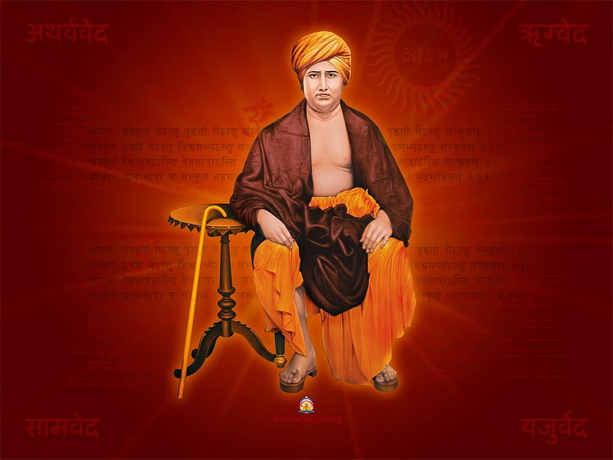 Maharishi Dayanand Saraswati Portrait with Vedic Sanskrit Text and Sacred Symbols HD wallpaper