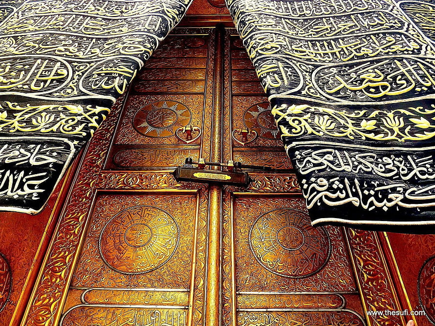 Ornate Golden Kaaba Door with Intricate Islamic Calligraphy and Embroidered Black Cloth HD wallpaper