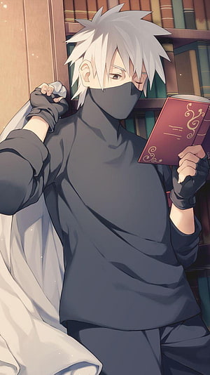 Hatake Kakashi Reading a Book in a Library with White Hair and Face Mask HD phone wallpaper