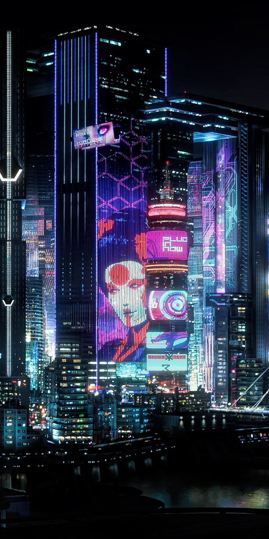 Cyberpunk 2077 Night City skyline with towering holographic advertisements and neon-lit skyscrapers HD phone wallpaper