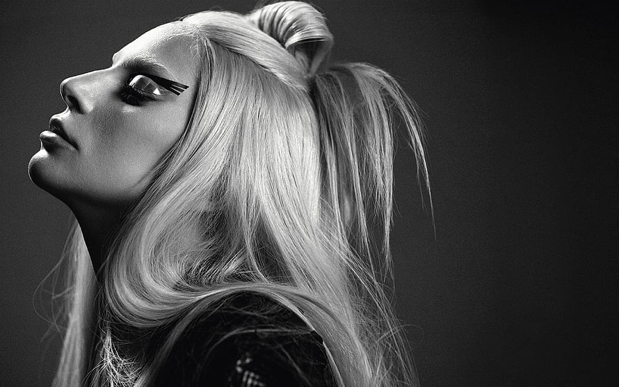Lady Gaga Chromatica Era Black and White Profile Portrait with Dramatic Winged Eyeliner HD wallpaper