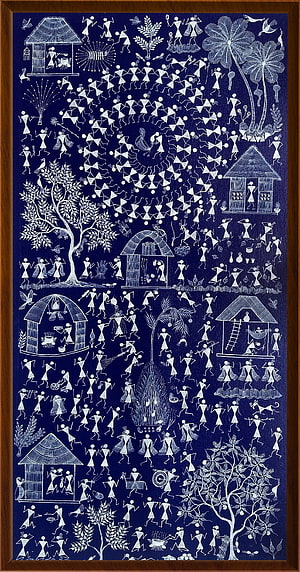 Traditional Warli Tribal Art Depicting Village Life and Festival Celebrations on Indigo Canvas HD phone wallpaper