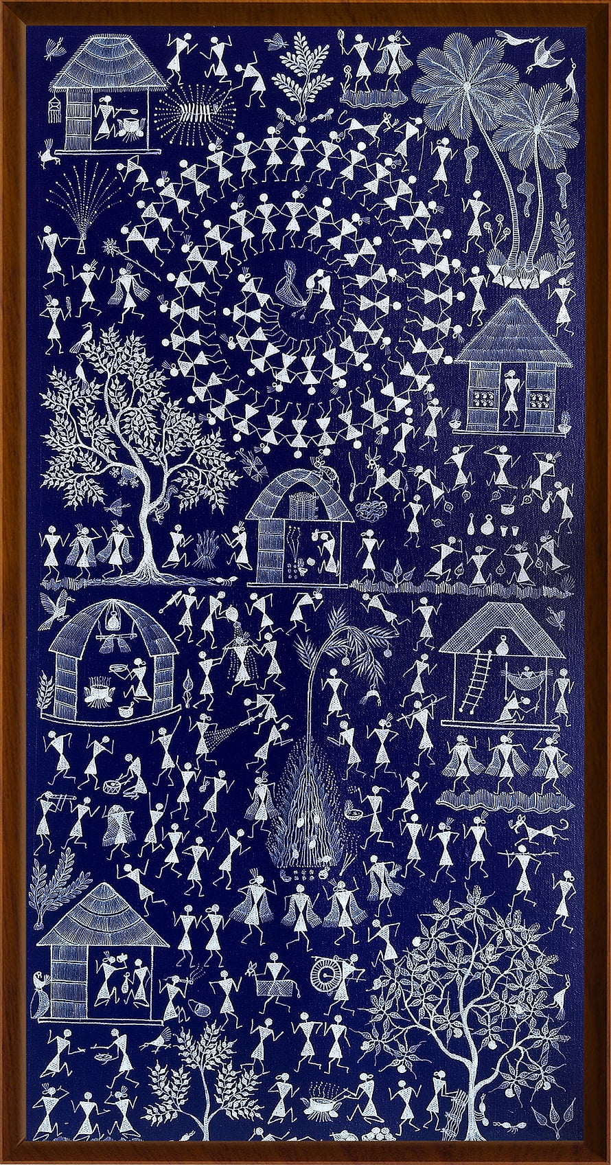 Traditional Warli Tribal Art Depicting Village Life and Festival Celebrations on Indigo Canvas HD phone wallpaper