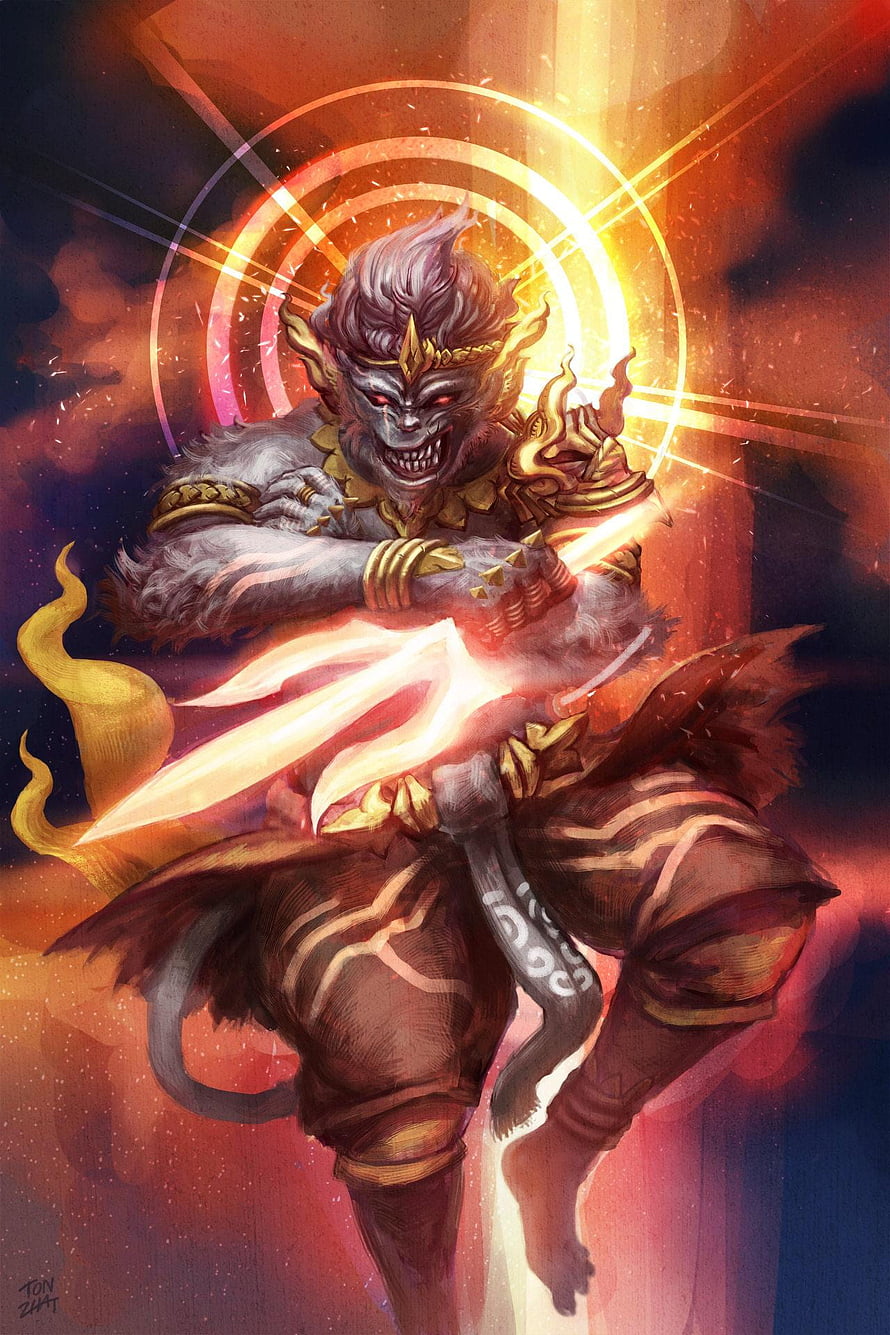 Fierce Hanuman Wielding a Glowing Mace in Dynamic Fantasy Art HD phone wallpaper