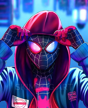 Miles Morales Spider-Man in Hoodie Digital Art with Neon Blue and Pink Lighting HD phone wallpaper