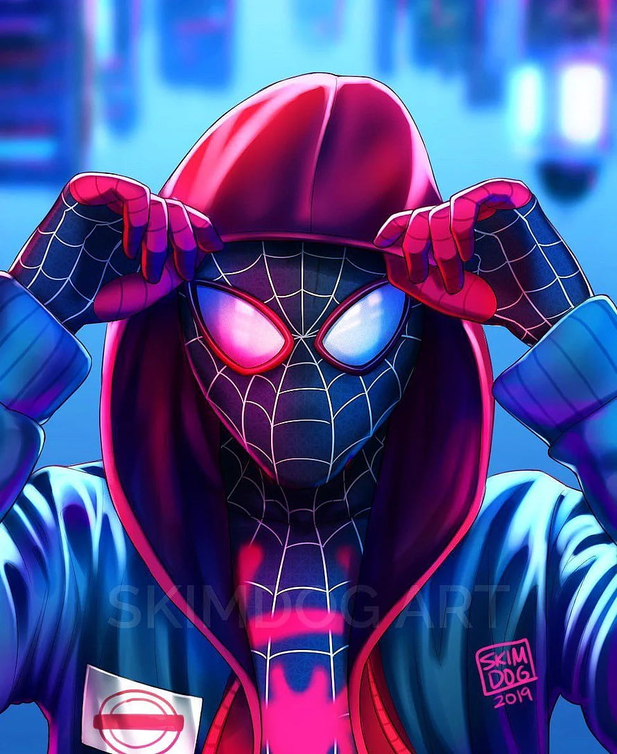 Miles Morales Spider-Man in Hoodie Digital Art with Neon Blue and Pink Lighting HD phone wallpaper