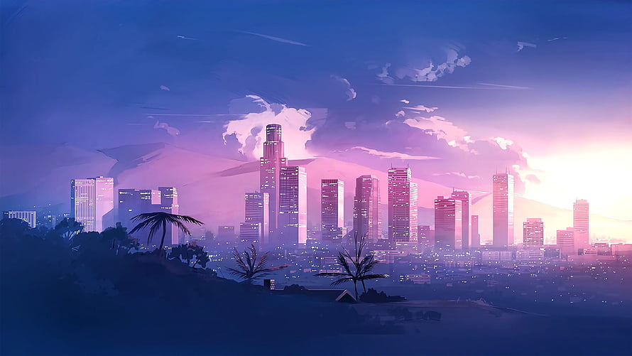 Retro Wave Cityscape at Dusk with Palm Trees and Neon Skyline HD wallpaper