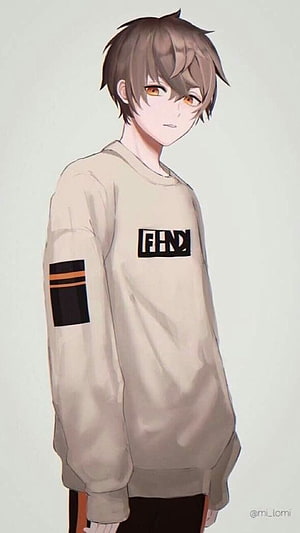 Anime Boy in Beige Sweatshirt with Black and Orange Accents HD phone wallpaper