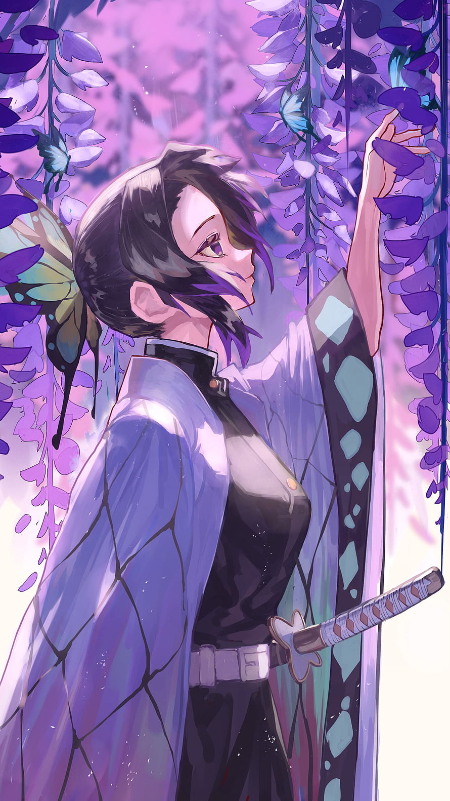 Shinobu Kocho from Demon Slayer Reaching for Wisteria Blossoms in a Dreamy Purple Garden HD phone wallpaper