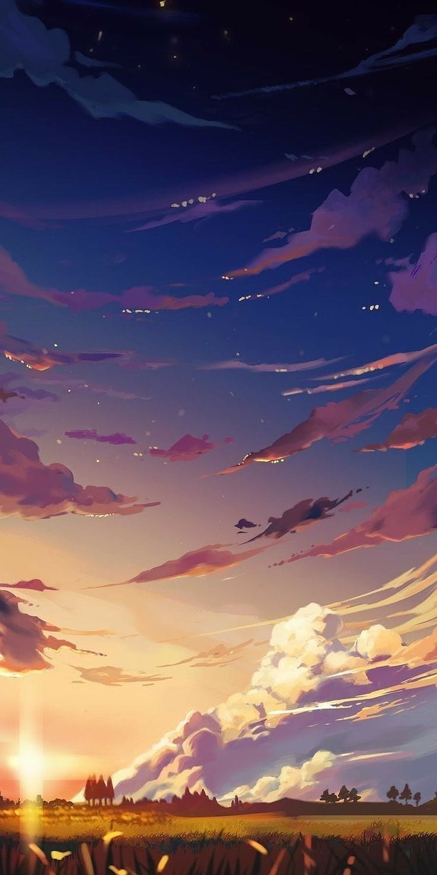 Anime Style Sunset Sky with Dramatic Clouds and Golden Horizon HD phone wallpaper