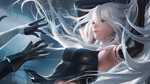 A2 from NieR: Automata with flowing white hair and black outfit in a dramatic digital illustration HD wallpaper