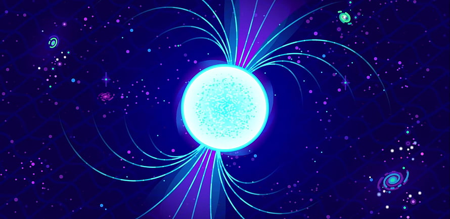Kurzgesagt Strange Matter Cosmic Orb with Neon Cyan and Purple Energy Waves HD wallpaper