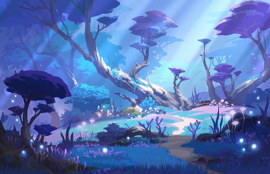 Genshin Impact Inazuma Forest Scene with Glowing Flora and Ethereal Blue Atmosphere HD wallpaper