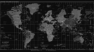 Dark World Time Zone Map with Grayscale Continents and Grid Lines HD wallpaper