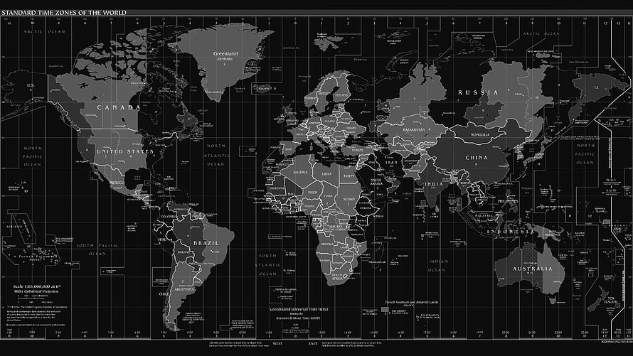 Vintage Black World Map Wallpaper Featuring Standard Time Zones and Country Borders HD wallpaper
