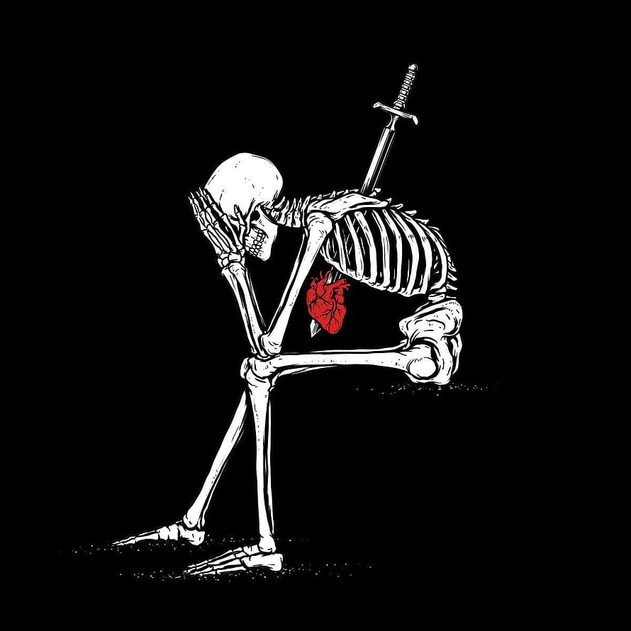 Melancholic Skeleton with Sword and Red Heart on Black Background HD phone wallpaper