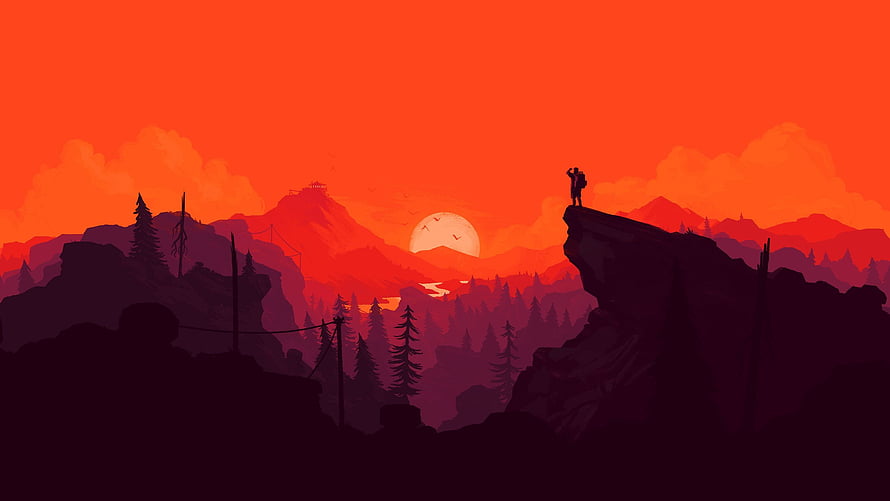 Minimalist Silhouette Illustration of a Hiker on a Cliff at Sunset HD wallpaper