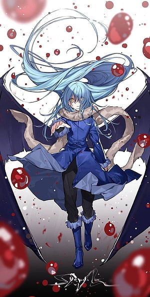 Rimuru Demon Lord Anime Character with Blue Hair and Dark Wings HD phone wallpaper