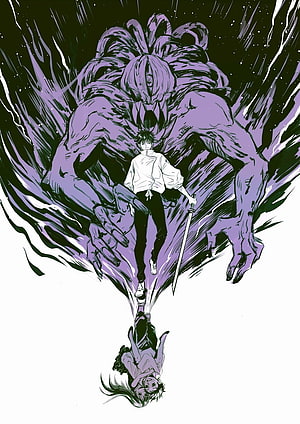 Okkotsu no Tobiko: Yuuta and Rika Confronting a Massive Purple Demon HD phone wallpaper