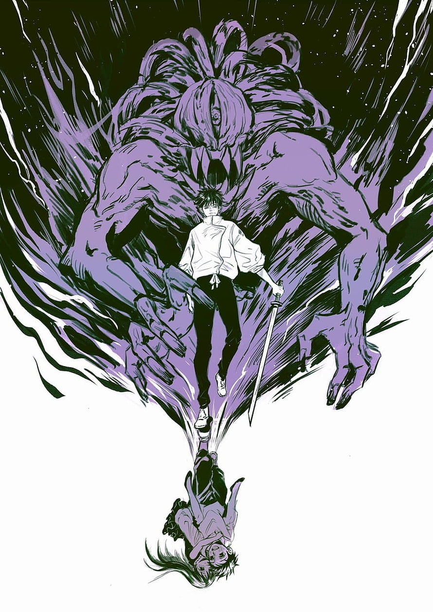 Okkotsu no Tobiko: Yuuta and Rika Confronting a Massive Purple Demon HD phone wallpaper